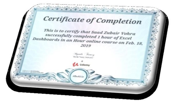 Excel Dashboards course certificate
