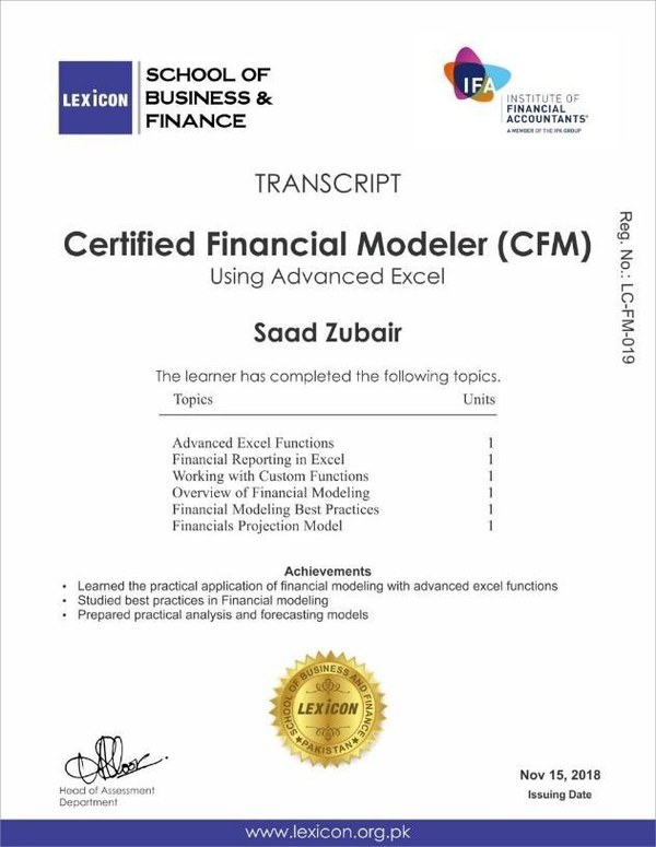 Certified Financial Modeler transcript